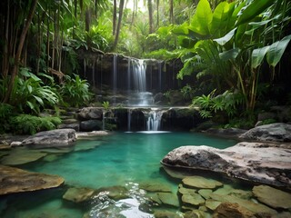 Naklejka premium Serene Waterfall Oasis Lush Tropical Paradise