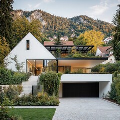 modern luxury villa with minimalist architecture, lush landscaping, large glass windows, wooden accents, and a sleek driveway in a serene setting