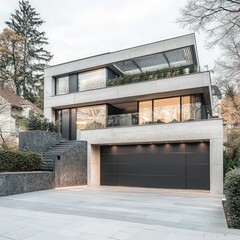 modern luxury villa with minimalist architecture, lush landscaping, large glass windows, wooden accents, and a sleek driveway in a serene setting