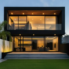 modern luxury black house with minimalist architecture, large glass windows, stylish lighting, and elegant landscaping creating a sleek urban residence