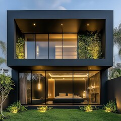 modern luxury black house with minimalist architecture, large glass windows, stylish lighting, and elegant landscaping creating a sleek urban residence