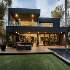 modern luxury black house with minimalist architecture, large glass windows, stylish lighting, and elegant landscaping creating a sleek urban residence