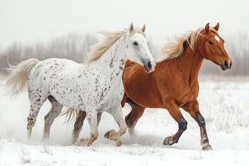 Obraz premium Two Horses Run Through Snowy Winter Landscape
