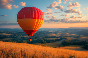 Naklejka premium Hot Air Balloon Soaring Over Rolling Hills At Sunset