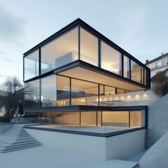 modern luxury villa with minimalist architecture, large glass walls, sleek black facade, and illuminated interior overlooking a private swimming pool