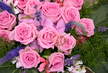 Golden engagement rings on pink roses close up