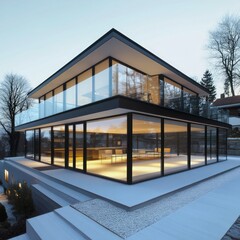 modern luxury villa with minimalist architecture, large glass walls, sleek black facade, and illuminated interior overlooking a private swimming pool