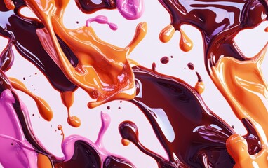 Obraz premium Bright neon chocolate liquid splashes forming abstract shapes, floating on a high-contrast white background