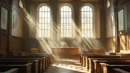 Fototapeta premium Courtroom scene with sunlight streaming through windows, empty seats and a judge's bench in focus 