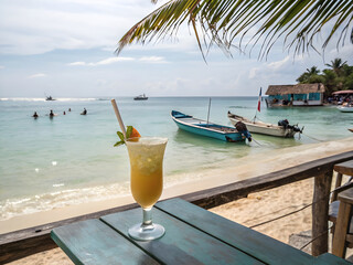 Tropischer Cocktail am Strand mit Booten und Palmen - KI generiert