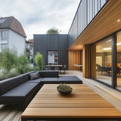 modern luxury house with open glass walls, sleek black facade, stylish outdoor seating area, and wooden deck creating a contemporary retreat