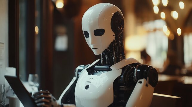 Futuristic android interacts with digital device in dimly lit restaurant environment