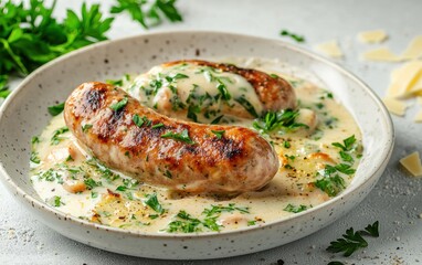 A tender turkey sausage flying through a creamy garlic and herb sauce wave, surrounded by floating parsley leaves and Parmesan shavings, on a light gray stone surface