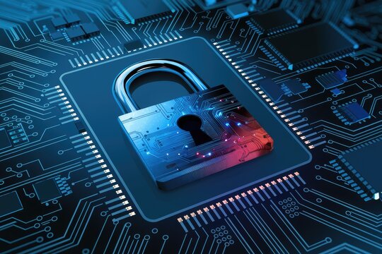 Cybersecurity concept with padlock on circuit board