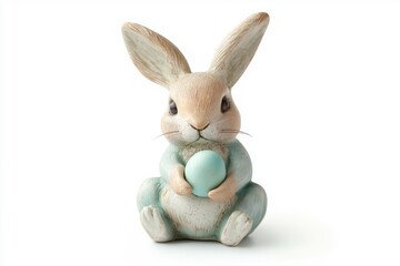 Obraz premium Cute ceramic rabbit holding blue egg figurine