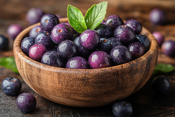A Wooden Bowl Filled With Juicy Dark Berries