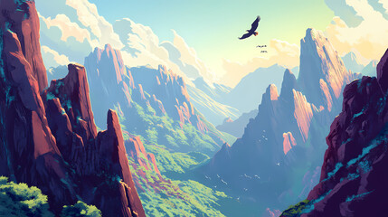 Fototapeta premium Rocky cliffs of the mongolian mountain range, with eagles soaring above, wild and untamed landscape. Wild Cliffs. Illustration