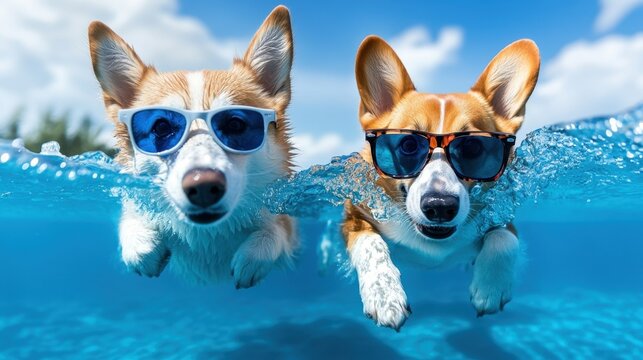 Two corgis wearing sunglasses swim playfully in a clear blue pool, exuding a cheerful summer vibe and fun companionship.