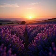Obraz premium Lavender field at sunset, serene countryside landscape with vibrant colors