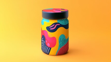 Vibrant Abstract Design Jar Mockup Colorful Container Modern Packaging Yellow Background