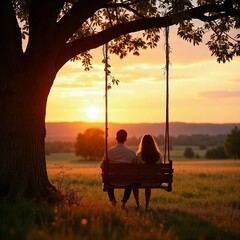 Romantic couple sitting on a swing under a tree at sunset, serene countryside scene