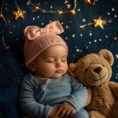 A baby sleeping with a teddy bear under a starry night background. Ideal for themes of innocence, baby care, and peaceful sleep.
