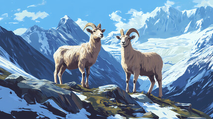 Naklejka premium Two mountain goats stand on rocky terrain with a snowy mountain range in the background. Wild Cliffs. Illustration