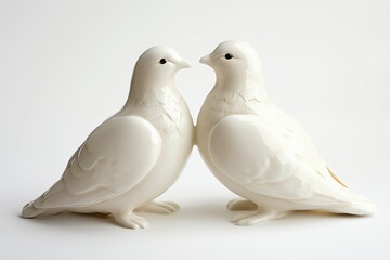 Pair of white ceramic doves facing each other against white background