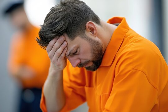 A man in an orange jumpsuit appears distressed, holding his head in a moment of contemplation, with a blurred figure in the background.