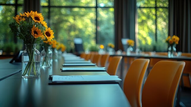 A long table with a vase of sunflowers as centerpiece, suitable for outdoor events or garden parties