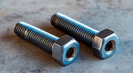 Exploration of industrial strength with steel hexagonal bolts and nuts against a gray surface highlighting their meticulous design and durability