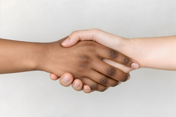 Close-up of two hands shaking symbolizing unity, diversity, collaboration, partnership, mutual understanding,ideal for promoting concepts of teamwork,equality,inclusivity in business or community