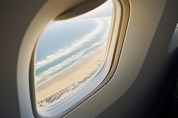 Aerial view of a beach from an airplane window, showing the shoreline and surrounding landscape