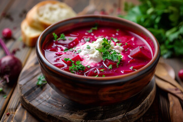 Borscht - traditional ukrainian soup. Beetroot soup. Ukrainian food.