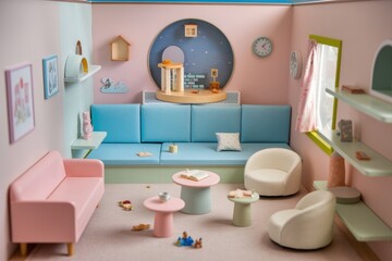A dollhouse living room with blue and pink furniture