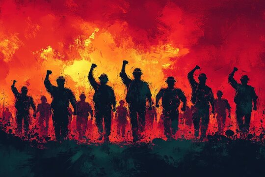 Silhouetted figures marching, fiery background, raised fists.