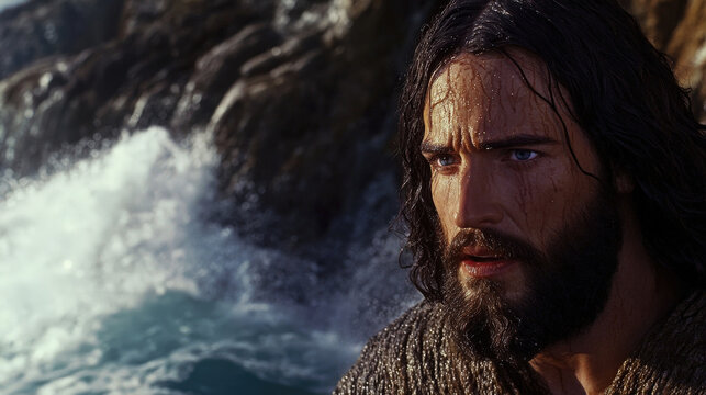 Determined Jesus by Crashing Ocean Waves
