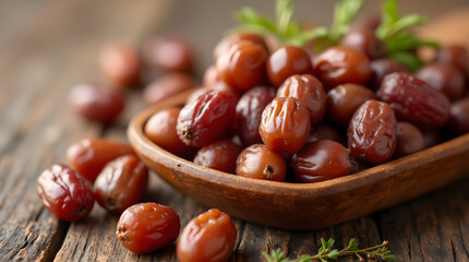 Obraz premium Close up of fresh brown dates against panoramic background - perfect for organic food, nutrition and Middle Eastern cuisine themes.