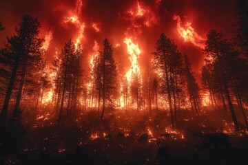 Obraz premium Fiery forest fire engulfs trees, animals flee.