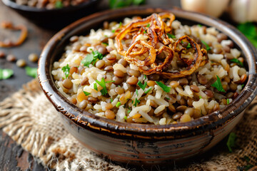 Mujaddara - dish with lentils and rice. Vegetarian food.