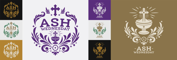 Naklejka premium Ash Wednesday, Lent catholic Christian holy week celebration, emblem set design collection