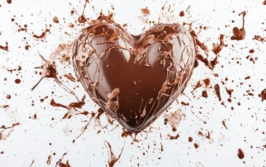 Fototapeta premium Elegant chocolate heart surrounded by energetic splashes on a pristine white background for Saint Valentines Day and 8 march womans day