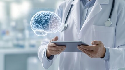 Doctor examines brain hologram on tablet in lab. Medical pro reviews brain scan. Neuroscience research, disease diagnosis, patient care. Modern medical tech in action. Expert analyzing brain
