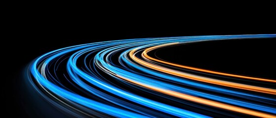 abstract futuristic background with glowing blue and white light trails curving dynamically against a dark space creating a motion blur effect