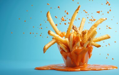 Naklejka premium Cajun fries spinning, spicy sauce splashes, pastel sky blue background