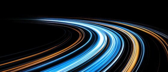 abstract futuristic background with glowing blue and white light trails curving dynamically against a dark space creating a motion blur effect