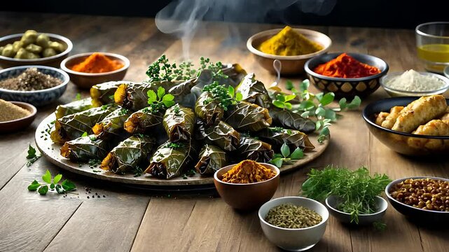 Traditional Stuffed Grape Leaves with Assorted Spices and Herbs on a Rustic Wooden Table

