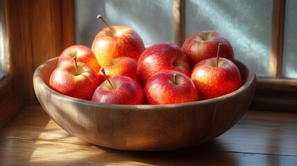 Wooden Bowl of Fresh Apples by Sunlit Window