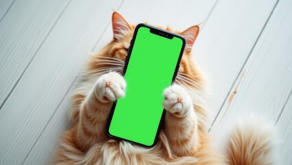 funny Cat portrait paw holding chroma key phone on floor, touching, clicking, tapping and swiping phone with green screen. Chroma key vertical mock up for advertising, Cat using showimg smartphone.