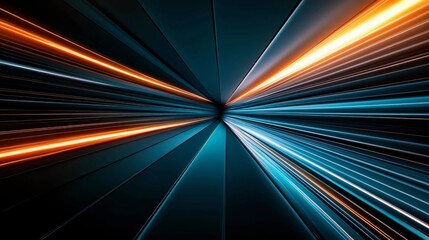 futuristic abstract background with dynamic blue and orange light streaks converging towards a vanishing point, creating a high-speed motion effect